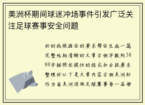 美洲杯期间球迷冲场事件引发广泛关注足球赛事安全问题